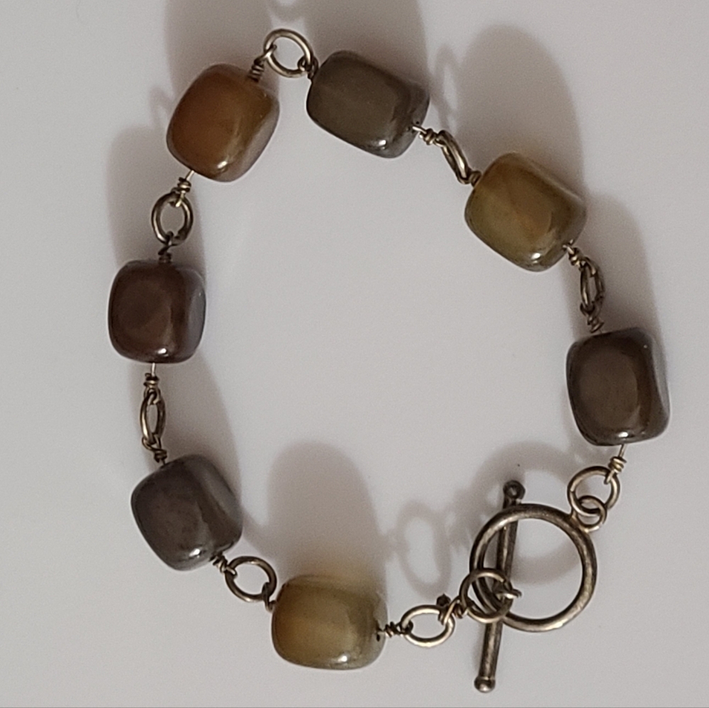 925 Gemstone Bracelet Brown Agate Sterling Silver Toggle Estate Vintage Jewelry